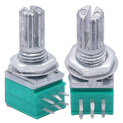 Close-up of two rotary potentiometers from Ten Pack Potentiometers Set Top Adjust Rotary Potentiometers With Knurled Shafts 6 Pin Linear Rotary 5K 10K 20K 50K 100K Ohm Values Two Each For DIY Audio Gear And Electronics showing knurled shafts and 6 pins.