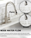 Kick Up Your Kitchen Vibes With This Top Tier Stainless Steel Faucet Boasting A Smooth Pull Down Sprayer That Delivers Zero Drip Action And Hassle Free Spray Modes Straight To Your Sink Setup, featuring three water flow modes.