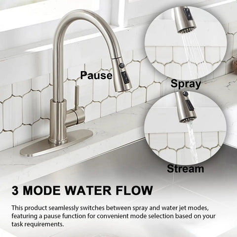 Kick Up Your Kitchen Vibes With This Top Tier Stainless Steel Faucet Boasting A Smooth Pull Down Sprayer That Delivers Zero Drip Action And Hassle Free Spray Modes Straight To Your Sink Setup, featuring three water flow modes.