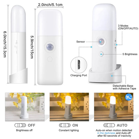 Diagram of Motion Sensor Night Light Cordless Table Lamp With 2000mAh Battery showing dimensions, modes, and features.