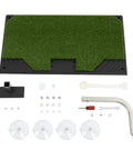 Indoor Golf Swing Trainer With Real Turf Mat, Suction Pad Base, components spread out on a white background