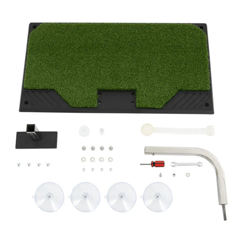Indoor Golf Swing Trainer With Real Turf Mat, Suction Pad Base, components spread out on a white background
