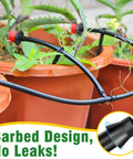 Barbed connectors in use with All In One 220 Piece Drip Irrigation Fittings Kit For One Quarter Inch Tubing in garden pots