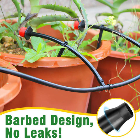 Barbed connectors in use with All In One 220 Piece Drip Irrigation Fittings Kit For One Quarter Inch Tubing in garden pots
