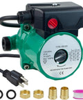 Dead Quiet Hot Water Recirculating Pump With Adjustable Speed Settings For Reliable Instant Hot Water Delivery Super Silent Water Heater Circulator Unit close-up with green casing and connectors.