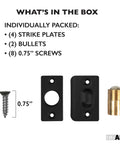 Black Adjustable Ball Catch Latch For French Closet Doors 2 Pack Screw In Door Hardware packaging contents, including screws.