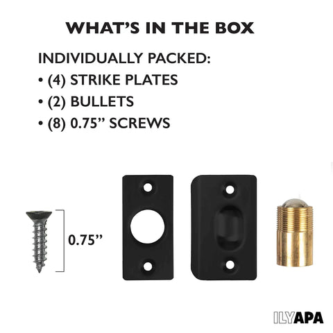 Black Adjustable Ball Catch Latch For French Closet Doors 2 Pack Screw In Door Hardware packaging contents, including screws.