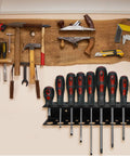 Heavy Duty Screwdriver Holder Wall Mount With 23 Holes, 12.6 Inch Long Tool Organizer Rack for Garage, installed with tools.