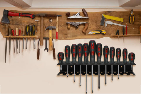 Heavy Duty Screwdriver Holder Wall Mount With 23 Holes, 12.6 Inch Long Tool Organizer Rack for Garage, installed with tools.