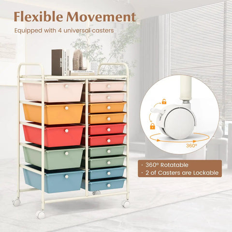 Front view of 15 Drawer Rolling Storage Cart With Lockable Wheels And Removable Drawers, multipurpose utility organizer.