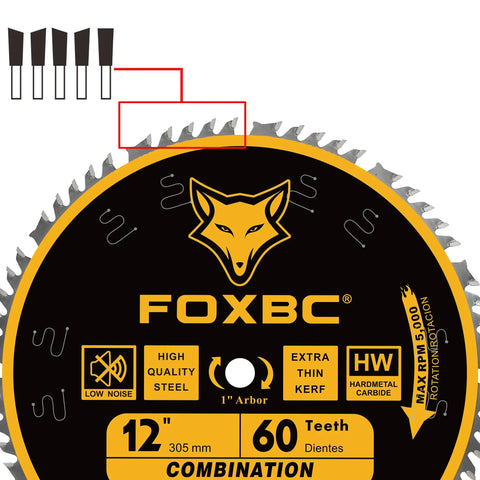 Front view of 12 Inch Combination Miter Saw Blade 60 Tooth For Wood Cutting With 1 Inch Arbor, Smooth Finish For Ripping And Crosscutting, 0.102 Inch Kerf, 15 Degree Hook Angle, 0.071 Inch Plate, Beast For Wood And Wood Composites.