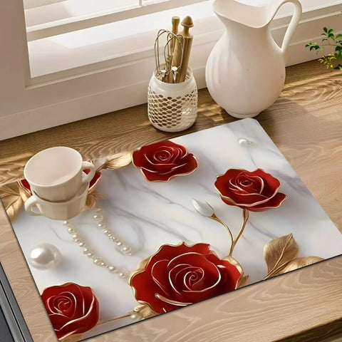 Decorative roses design on absorbent coffee machine mat for countertop with non slip surface, 11.8x17.7 inches, keeps surfaces dry.