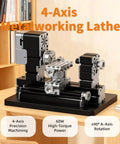 4 Axis Mini Metal Lathe 60W High Speed Machine for Precision Machining Soft Metals Wood Acrylic and Plastic on a workbench.