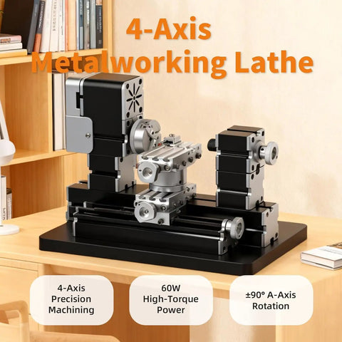 4 Axis Mini Metal Lathe 60W High Speed Machine for Precision Machining Soft Metals Wood Acrylic and Plastic on a workbench.