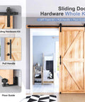 6.6 Ft Sliding Barn Door Track And Handle Hardware Kit displayed with natural wood door, handle, and floor guide
