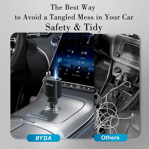 Comparison of a tidy car with Four In One Retractable Car Charger With Starry Light 69W USB C Fast Car Charger and a tangled mess.