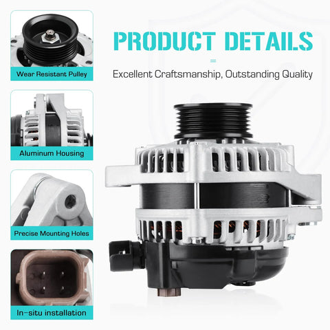 Side view of Alternator For Honda 3.5L V6 Pilot 2012 2013 2014 2015, Odyssey 2011 2012 2013, Ridgeline 2012 2013 2014, 12V 130 Amp
