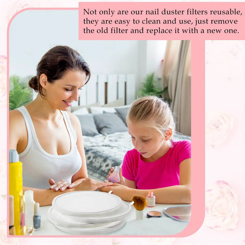 4 Pack Nail Dust Collector Filters Reusable Replacement Filters For Nail Machines No Spillin with woman and child in salon