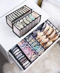 Slick Nylon Mesh Drawer Divider Set For Bras Socks And Lingerie Dresser Sorting Bins displaying organized bras and socks in a nightstand drawer.