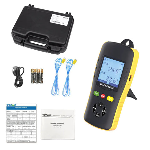 Two Channel K J T Thermocouple Data Logger With USB Temp Recorder And Dual Probes, case, cables, batteries, and manual.
