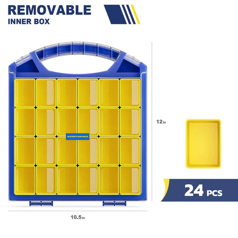 Portable Tool Storage Case With 24 Removable Bins And Small Parts Organizer showing blue exterior and yellow bins, 12x10.5 inches