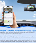 Person using smartphone app to control 4 Channel Dash Cam With 360 Degree View For All Around Protection And No Blind Spots, 4 Way Front Rear Inside Recording, Built In 5G WiFi And GPS.