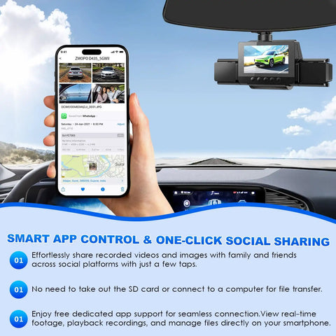 Person using smartphone app to control 4 Channel Dash Cam With 360 Degree View For All Around Protection And No Blind Spots, 4 Way Front Rear Inside Recording, Built In 5G WiFi And GPS.