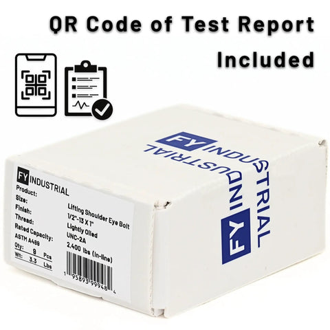 Box for Nine Pack 1/2-13 Eye Bolts, 1 Inch Long, with QR code for test report, showing product specifications on label.