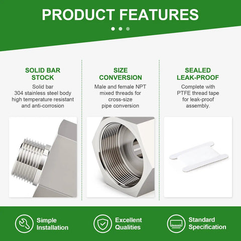 No Sweat 304 Stainless Steel Hex Reducer Adapter For Heavy Duty Plumbing showing solid bar stock design and size conversion features.