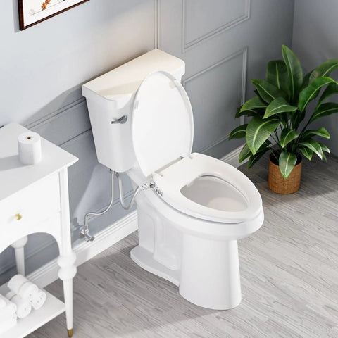 White Elongated Bidet Toilet Seat With Soft Close Lid Dual Front Wash Nozzles Adjustable Pressure Dial Effortless Diy Hookup Brass Supply Link And Smooth Daily Fresh Feel viewed from above with open lid.