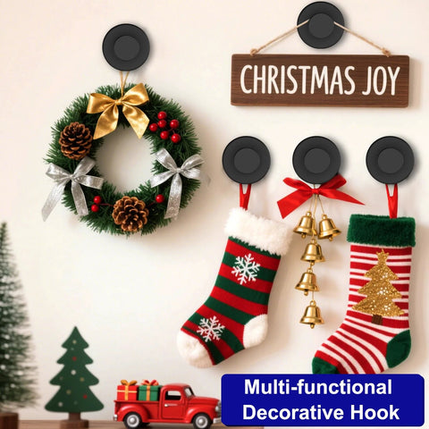 Decorative wall with Vacuum Suction Cup Hooks For Shower And Bathroom Removable Towel Hooks, Christmas decor displayed.
