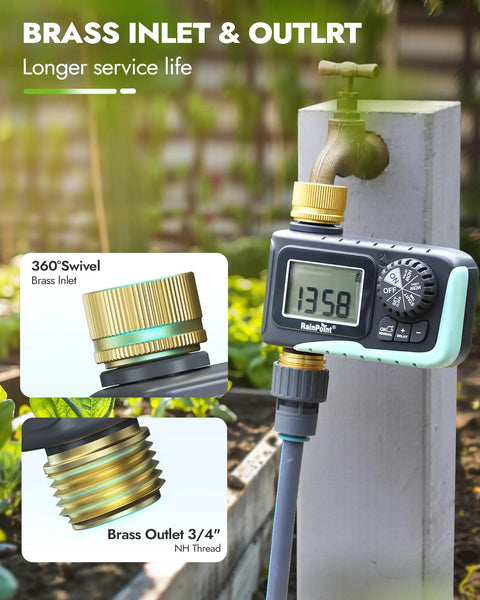 Brass Inlet And Outlet Sprinkler Timer With Rain Delay Programmable Hose Timer attached to outdoor faucet
