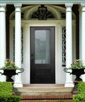 Heavy Duty 36 By 80 Inch Composite Fiberglass Prehung Entry Door With Thermally Insulated LowE Tempered Glass Two Tone Oak Look Black Exterior White Interior Zero Fuss Install Rock Solid Tight Seal Right Hand Inswing at a home entrance with columns.