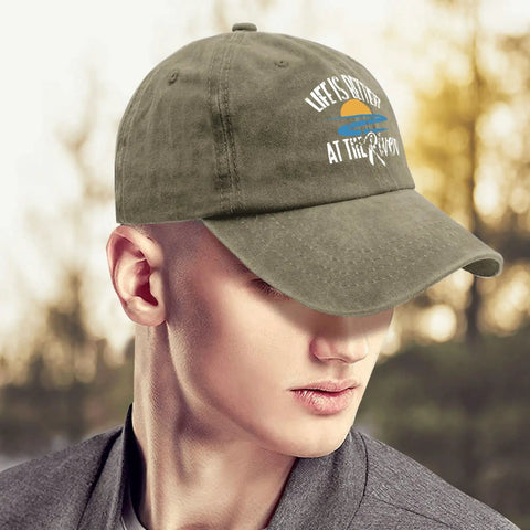 Life Is Better By The River Quote Baseball Hat For Men, Dope Camping Ready Cap, Cool Summer Hat on model outdoors