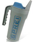 Spot Spreader 80 Oz Handheld Grab-And-Go Dispenser with blue lid, strong handle, grey build for salt, seeds, and grass use