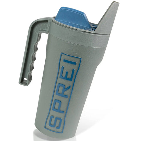 Spot Spreader 80 Oz Handheld Grab-And-Go Dispenser with blue lid, strong handle, grey build for salt, seeds, and grass use