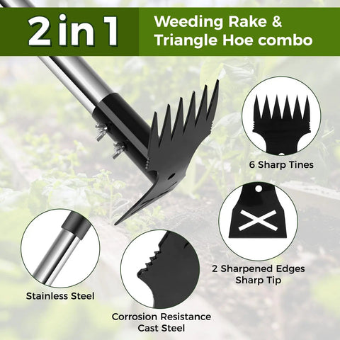 Long Handle Weed Puller Tool With 44 Inch Reach Dual Head 2 In 1 Garden Weeder And Hoe, stainless steel and cast steel materials visible.