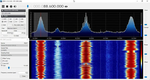 SDR software interface displaying signal spectrum analysis for Broadcast FM Block Filter 88 to 108 MHz For SDR And Scanning With Over 50 dB Attenuation