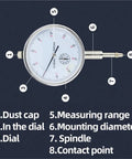 Pro Grade Dial Indicator Magnetic Holder And Bore Gauge Stand Base For Precision Measurement Tools, Magnetic Stand For 10mm Probes, Micrometer Mount, Indicator And Comparator Watch, Stand B Compatible. labeled dial indicator with 0-10mm range and spindle