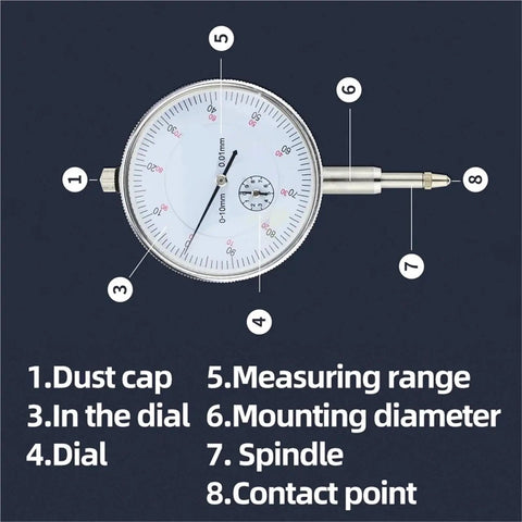 Pro Grade Dial Indicator Magnetic Holder And Bore Gauge Stand Base For Precision Measurement Tools, Magnetic Stand For 10mm Probes, Micrometer Mount, Indicator And Comparator Watch, Stand B Compatible. labeled dial indicator with 0-10mm range and spindle