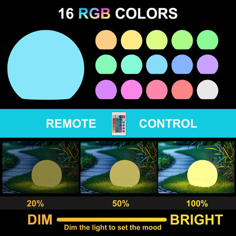Solar Ball Light 12 Inch LED Outdoor Table Lamp 16 RGB Colors and brightness control with remote for garden and pathways