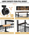 Five Tier Rolling Utility Cart With Wheels Big Capacity Kitchen Storage Cart showing lockable front wheels and wooden top mesh baskets