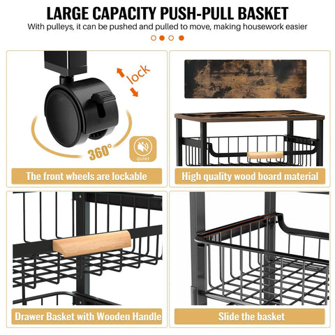 Five Tier Rolling Utility Cart With Wheels Big Capacity Kitchen Storage Cart showing lockable front wheels and wooden top mesh baskets