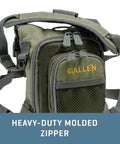 Micro Fly Fishing Chest Pack With Front Workstation And Tippet Spool Holder, heavy-duty molded zipper, green material.