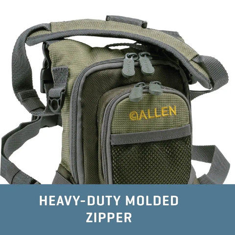 Micro Fly Fishing Chest Pack With Front Workstation And Tippet Spool Holder, heavy-duty molded zipper, green material.