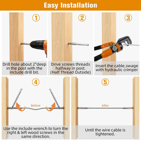 Swage Lag Screws For Cable Railing Kit 100 Pack T316 Stainless Steel installation process step-by-step guide for deck stair wood post railing