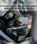 10 Piece 3/8 Inch Drive Universal Flex Impact Socket Set used on engine, 6-Point CR-MO Steel, Metric 16mm, angled head.