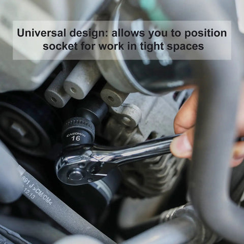 10 Piece 3/8 Inch Drive Universal Flex Impact Socket Set used on engine, 6-Point CR-MO Steel, Metric 16mm, angled head.