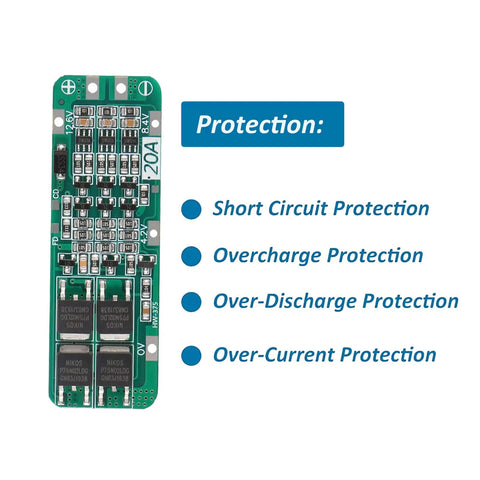 6 Pack Heavy Duty 3S 20A BMS Battery Management System For 18650 Li Ion Cells 12.6V with protection features displayed.