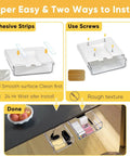 Super Sleek 2 Pack Under Desk Pull Out Storage Drawers Clear Acrylic Drawer Slides With Heavy Duty Self Adhesive Mount and No Sweat Setup For Home Office Counters installation guide with adhesive strips and screws.